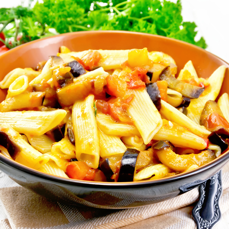 Pasta with Tomato Sauce and Roasted Eggplant
